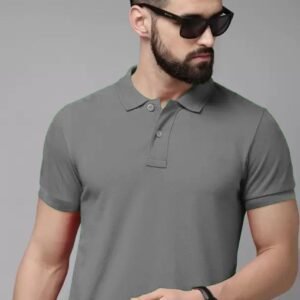 APSAIM Men Solid Polo Neck SAP Matty Polyester Grey T-Shirt | Smart Casual Style & All-Day Comfort