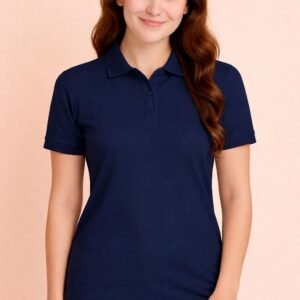 APSAIM Women Solid Polo Neck SAP Matty Polyester Navy Blue T-Shirt | Timeless Style & All-Day Comfort