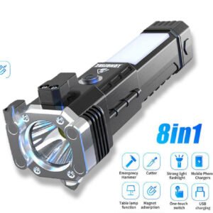 APSAIM 8-in-1 Emergency LED Torch – 3W LED + COB Light, Car Rescue Hammer, Seat Belt Cutter, USB Rechargeable Flashlight