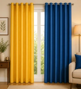 APSAIM 7ft Long Door Polyester Room Darkening Curtains (Pack of 2, Blue & Yellow, Solid Design)