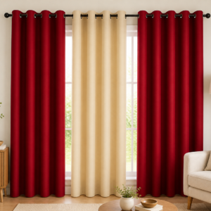 APSAIM 9 ft Long Door Polyester Blackout Curtain (Pack of 3, Red & Beige, Solid Design)