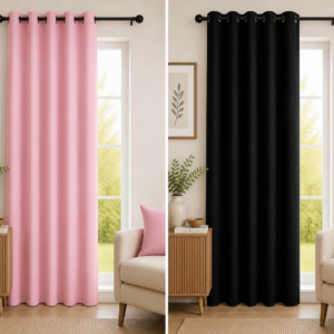 APSAIM 9 ft Long Door Polyester Room Darkening Curtain (Pack of 2, Multicolor Solid – Pink & Black)