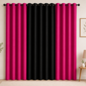 APSAIM 9 ft Long Door Polyester Curtains (Pack of 3, Pink & Black, Solid Design)