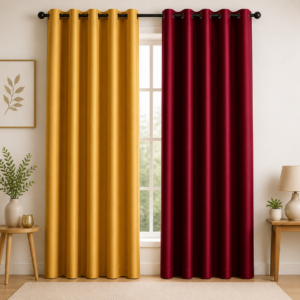 APSAIM 213.5 cm (7 ft) Long Door Polyester Room Darkening Curtains (Pack of 2) – Golden & Maroon Solid Eyelet Curtains for Living Room, Bedroom & Balcony