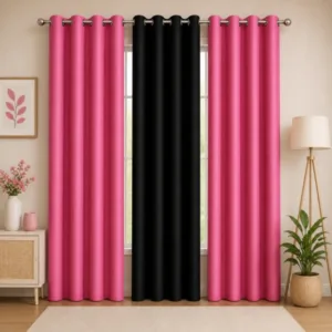 APSAIM 213.5 cm (7 ft) Door Polyester Semi-Transparent Curtains (Pack of 3, Pink & Black Elegant Window Drapes)