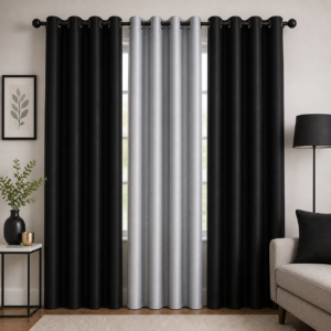 APSAIM 213.5 cm (7 ft) Door Polyester Blackout Curtain – Black & White Elegant Eyelet Curtains for Living Room & Bedroom (Pack of 3)