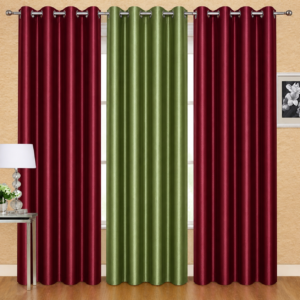 APSAIM 9 ft Long Door Polyester Curtains (Pack of 3, Green & Maroon, Solid Design)