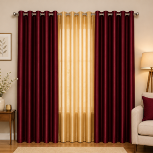 APSAIM 9 ft Long Door Polyester Semi-Transparent Curtains (Pack of 3, Gold & Maroon, Solid Design)