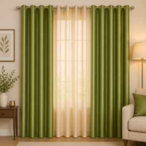 APSAIM 213.5 cm (7 ft) Long Door Polyester Semi Transparent Curtain for Living Room & Bedroom – Green & Beige (Pack of 3)