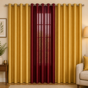 APSAIM 213.5 cm (7 ft) Door Polyester Blackout Curtains (Pack of 3, Mustard & Maroon, Solid Design)