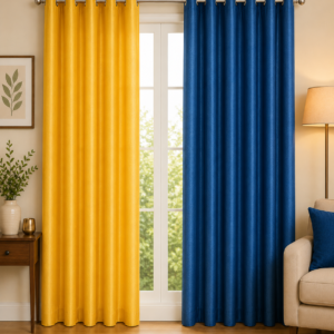 APSAIM 9 ft Long Door Polyester Room Darkening Curtains (Pack of 2, Blue & Yellow, Solid Design)