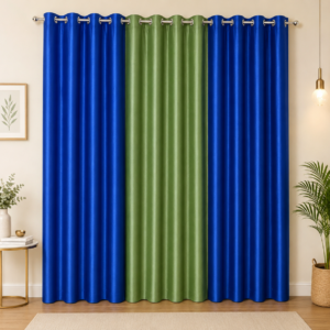 APSAIM 9 ft Long Door Polyester Blackout Curtains (Pack of 3, Green & Blue, Solid Design)