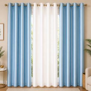 APSAIM 7 ft Door Polyester Room Darkening Curtains (Pack of 3, Light Blue & White, Plain Design)