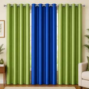 APSAIM 9 ft Long Door Polyester Blackout Curtains (Pack of 3, Green & Blue, Solid Design)