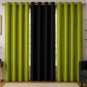 APSAIM 7 ft Door Polyester Blackout Curtains (Pack of 3, Green & Black, Solid Design)