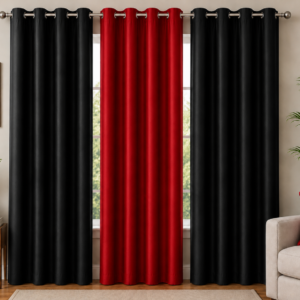 APSAIM 7ft Long Door Polyester Blackout Curtains (Pack of 3, Red & Black, Solid Design)