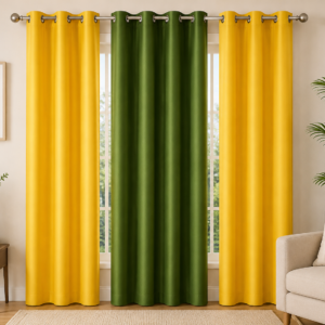 APSAIM 7ft (213.5 cm) Long Door Polyester Semi Transparent Curtains (Pack of 3, Green & Yellow, Solid Design)