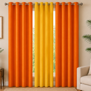 APSAIM 9 ft Long Door Polyester Room Darkening Curtains (Pack of 3, Orange & Yellow, Plain Design)