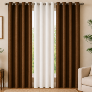 APSAIM 7 ft Door Polyester Room Darkening Curtains (Pack of 3, Brown & White, Plain Design)