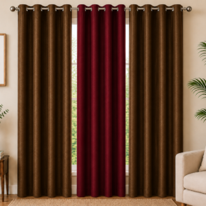 APSAIM 7ft (213.5 cm) Long Door Polyester Blackout Curtains (Pack of 3, Brown & Maroon, Solid Design)