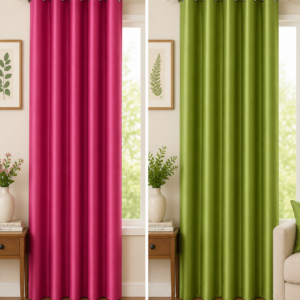 APSAIM 7ft (213.5 cm) Long Door Polyester Room Darkening Curtains (Pack of 2, Pink & Green, Solid Design)