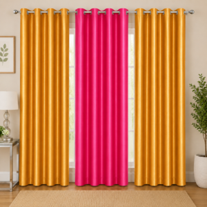 APSAIM 9 ft Long Door Polyester Blackout Curtains – Gold & Pink Solid Eyelet Curtains (Pack of 3)