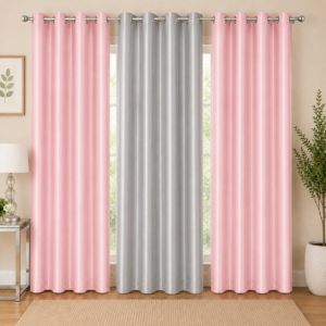 APSAIM 274.5 cm (9 ft) Door Polyester Blackout Curtains – Pack of 3, Pink & Grey Eyelet Curtains for Living Room, Bedroom & Home Décor