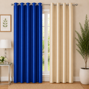 APSAIM 213.5 cm (7 ft) Long Door Polyester Room Darkening Curtains (Pack of 2, Royal Blue & Beige, Solid Design)
