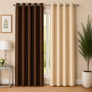 APSAIM 213.5 cm (7 ft) Long Door Polyester Room Darkening Curtains (Pack of 2, Brown & Cream, Solid Design)