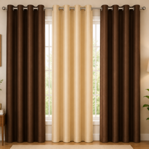 APSAIM 9 ft Long Door Polyester Room Darkening Curtains – Brown & Beige Plain Design, Pack of 3