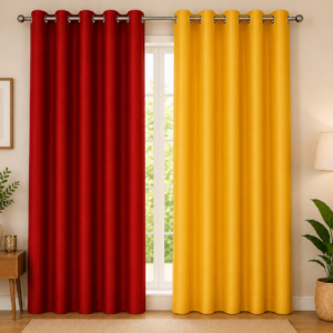 APSAIM 213.5 cm (7 ft) Long Door Polyester Room Darkening Curtains (Pack of 2, Red & Yellow, Solid Design)