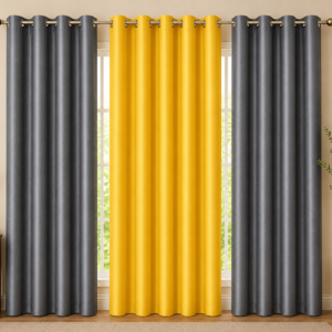 APSAIM 213.5 cm (7 ft) Long Door Polyester Blackout Curtains (Pack of 3, Grey & Yellow, Solid Design)