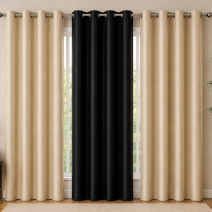 APSAIM 213.5 cm (7 ft) Door Polyester Semi Transparent Curtains (Pack of 3, Beige & Black, Solid Design)