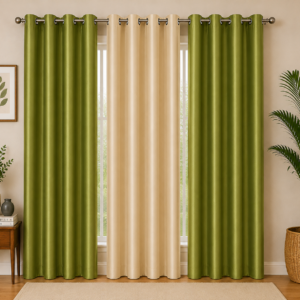 APSAIM 213.5 cm (7 ft) Door Polyester Room Darkening Curtains (Pack of 3, Green & Beige, Solid Design)