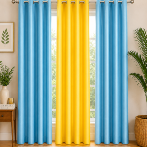 APSAIM 213.5 cm (7 ft) Long Door Polyester Blackout Curtain Pack of 3 – Premium Sky Blue & Yellow Eyelet Curtains for Living Room, Bedroom & Home Décor