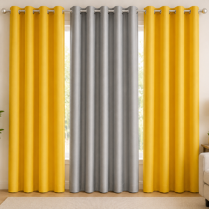 APSAIM 274.5 cm (9 ft) Long Door Polyester Blackout Curtains (Pack of 3, Yellow & Silver, Eyelet Design)