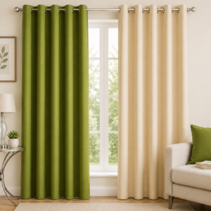 APSAIM 213.5 cm (7 ft) Door Polyester Room Darkening Curtains (Pack of 2, Green & Beige, Eyelet Design)