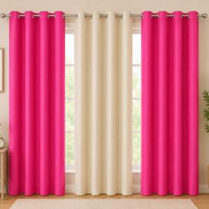 APSAIM 213.5 cm (7 ft) Door Polyester Room Darkening Curtains (Pack of 3, Pink & Cream, Eyelet Design)