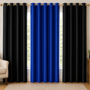 APSAIM 213.5 cm (7 ft) Long Door Polyester Blackout Curtains for Living Room & Bedroom (Pack of 3, Black & Royal Blue, Eyelet Design)
