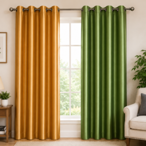 APSAIM 213.5 cm (7 ft) Long Door Polyester Room Darkening Curtains – Green & Golden Solid Design (Pack of 2)