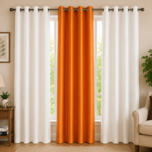 APSAIM 213.5 cm (7 ft) Long Door Polyester Blackout Curtains – White & Orange Solid Design (Pack of 3)