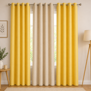 APSAIM 213.5 cm (7 ft) Long Door Polyester Room Darkening Curtains for Living Room & Bedroom – Yellow & Beige Solid Design (Pack of 3)