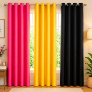 APSAIM 213.5 cm (7 ft) Long Door Polyester Blackout Curtain – Pink, Yellow & Black Modern Solid Curtains (Pack of 3)