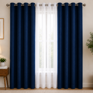 APSAIM 213.5 cm (7 ft) Long Door Polyester Room Darkening Curtain Pack of 3 – Premium Navy Blue & White Eyelet Curtains for Living Room, Bedroom & Office