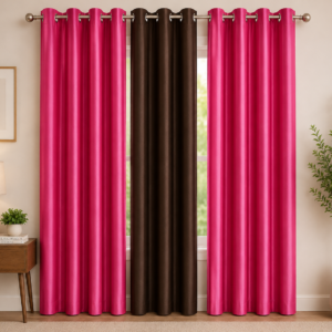 APSAIM 213.5 cm (7 ft) Door Polyester Blackout Curtain (Pack of 3) – Pink & Brown Premium Eyelet Curtains for Living Room, Bedroom & Home Décor