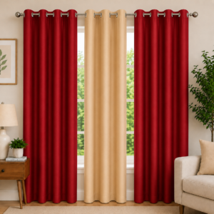 APSAIM 213.5 cm (7 ft) Door Polyester Room Darkening Curtain (Pack of 3) – Red & Beige Solid Eyelet Curtains