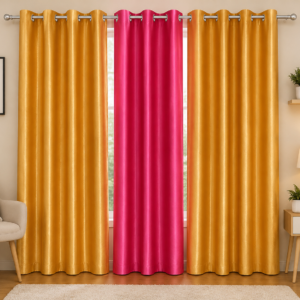 APSAIM 213.5 cm (7 ft) Door Polyester Blackout Curtain (Pack of 3) – Golden & Pink Solid Eyelet Curtains for Living Room, Bedroom & Home Décor