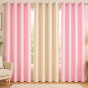 APSAIM 213.5 cm (7 ft) Door Polyester Blackout Curtain (Pack of 3) – Light Pink & Beige Eyelet Curtains for Living Room, Bedroom & Home Décor