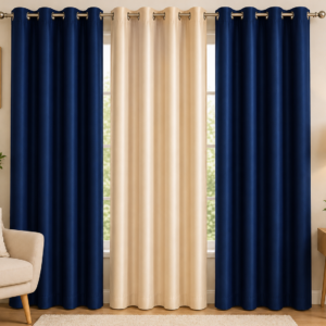 APSAIM 274.5 cm (9 ft) Long Door Polyester Room Darkening Curtain – Navy Blue & Beige Elegant Eyelet Curtains for Living Room & Bedroom (Pack of 3)