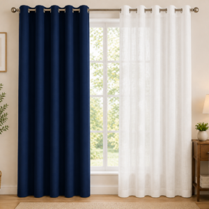 APSAIM 213.5 cm (7 ft) Long Door Polyester Room Darkening Curtain (Pack of 2) – Navy Blue & White Eyelet Curtains for Living Room, Bedroom & Balcony